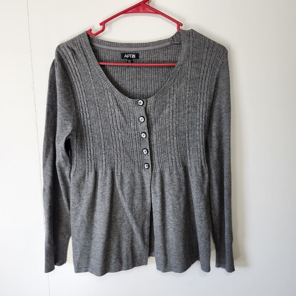 Apt. 9 Petite Gray Ribbed Babydoll Cardigan PM Button Front Preppy